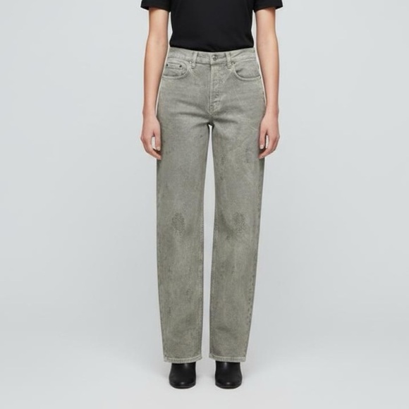 Zara Slim Distressed Jacquard Mid Waist Jeans Khaki Long contemporary soft US 4